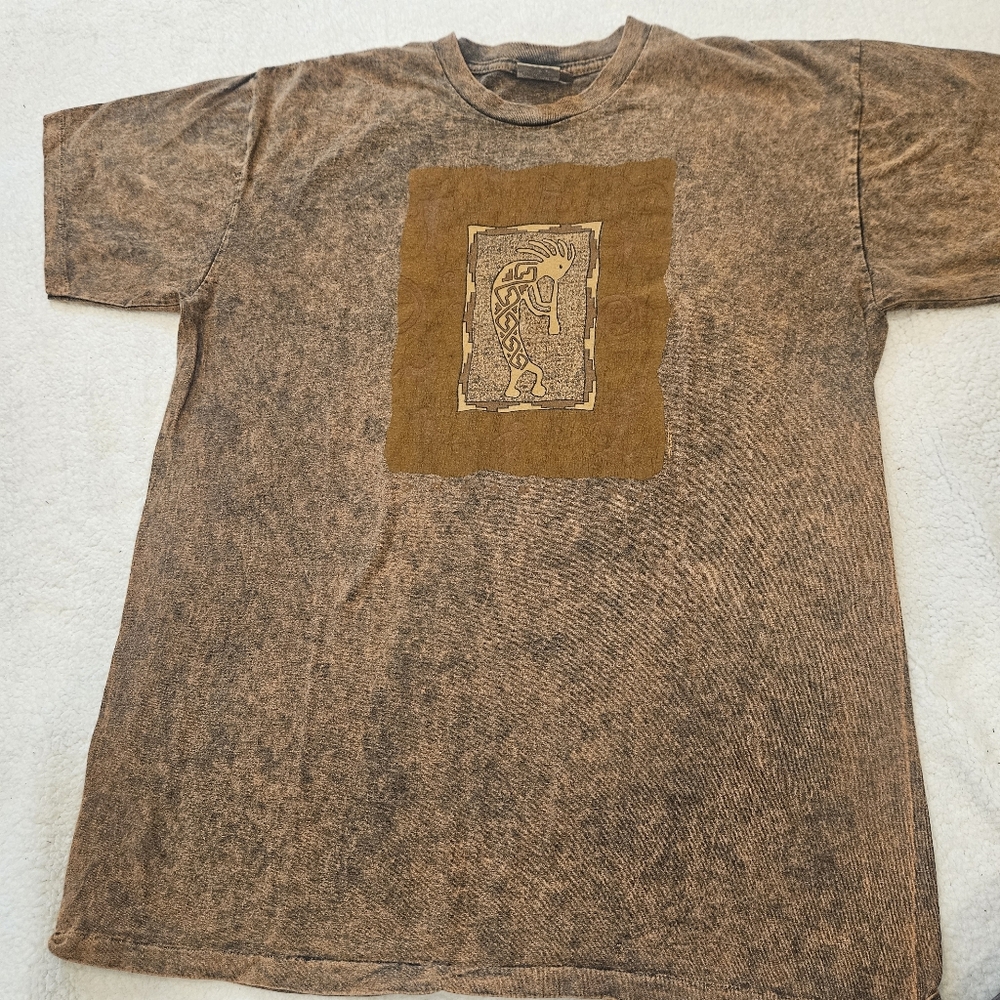 Vintage BFOFO Tribal Kokopelli Graphic T-Shirt Brown Acid Wash | Southwestern XL